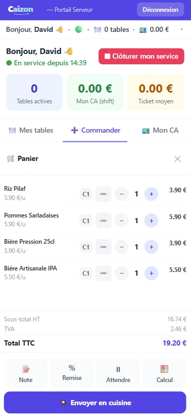 Portail Serveur Caizon, panier et envoi cuisine