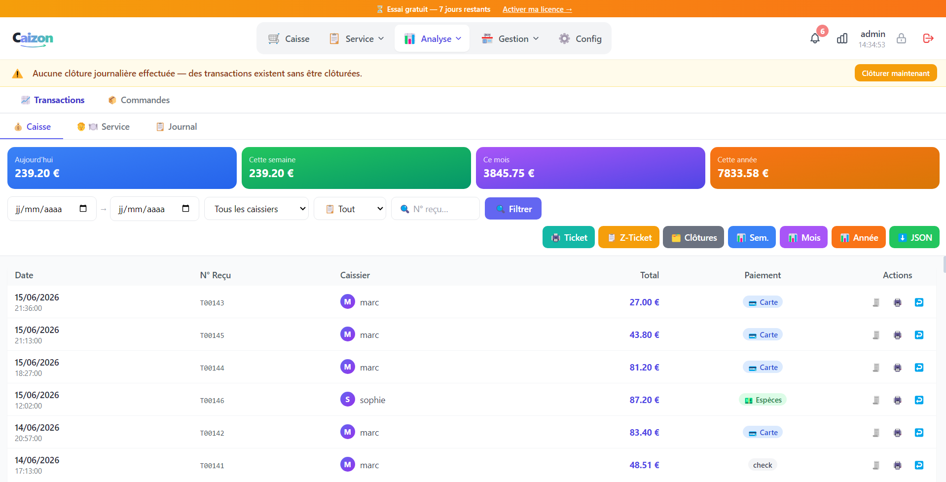 Historique transactions Caizon