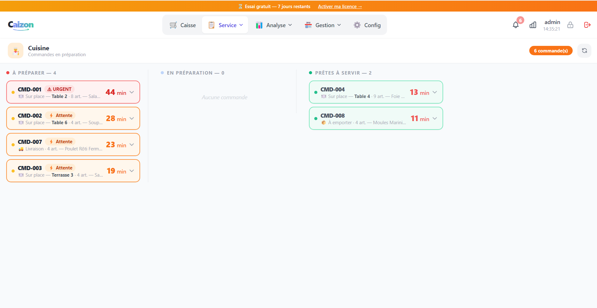 KDS Cuisine Caizon — vue manager